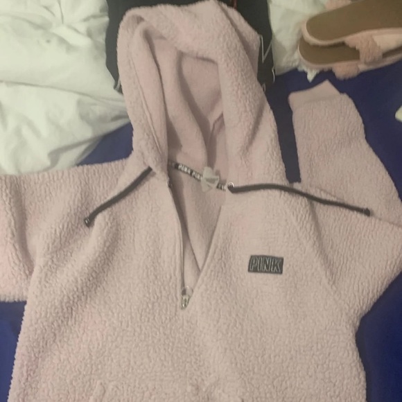 PINK Light pink hooded Sherpa quarter zip - Picture 1 of 3